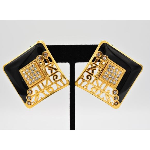 Berebi Vintage Earrings Dangle Black Enamel Gold Crystal Chunky Signed 80s BinAS - Picture 1 of 12